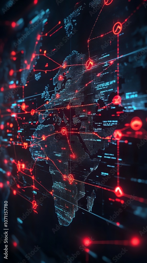 Poster A digital representation of the world with interconnected lines and red circles, suggesting a network of global connections and data flow.