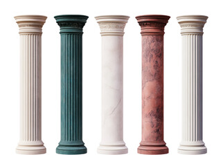 Elegant decorative columns in various colors and textures isolated on a white background, transparent background.