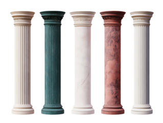 Elegant decorative columns in various colors and textures isolated on a white background, transparent background.