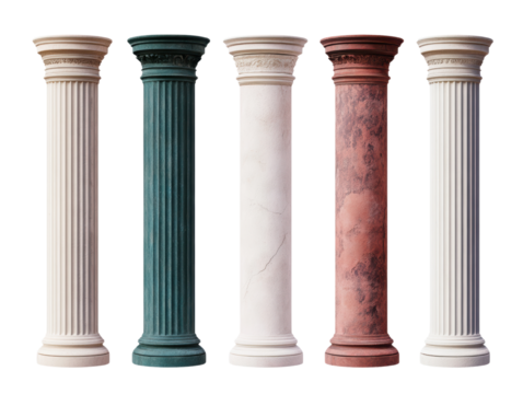 Elegant decorative columns in various colors and textures isolated on a white background, transparent background.