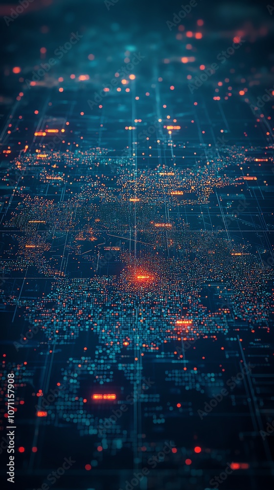 Fototapete Abstract digital map of the world with glowing red lights representing cities and data flow.