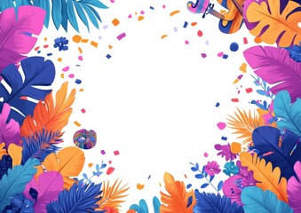 Vibrant Tropical Leaves and Flowers Floral Frame in Orange Blue Colors with White Background for Nature Lovers Design Pattern Art Deco Digital Illustration