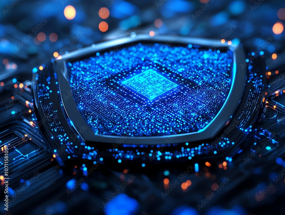 Poster a glowing blue digital shield sits on a circuit board, representing cyber security and data protecti