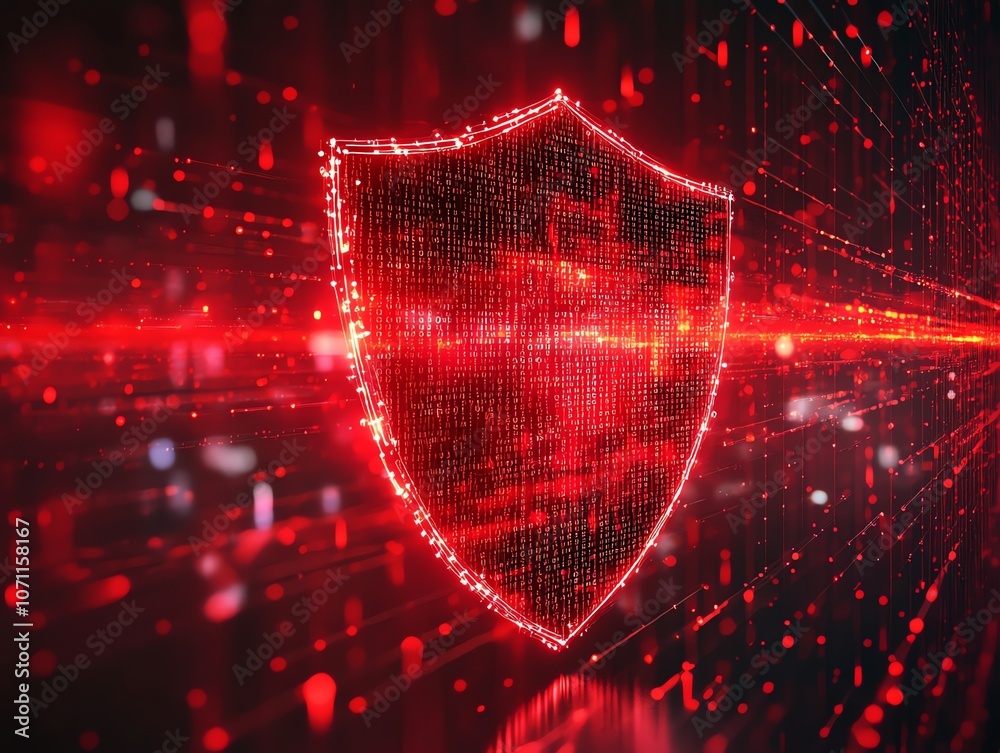 Poster A red digital shield with glowing particles and lines in the background.
