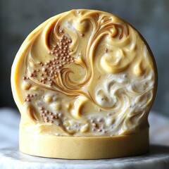 Artisan Round Soap with Swirled Design in Cream and Gold Tones on Marble Surface Perfect for Home Decor and Gift Ideas Organic Handmade Skincare Beauty