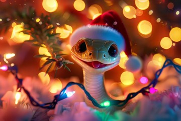 A cartoon snake in a Santa Claus hat on the background of a Christmas tree. The symbol of the New Year 2025. Happy New Year and Merry Christmas card