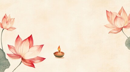 Simple Diwali card with subtle lotus and diya design, set on a soft cream background for a refined look