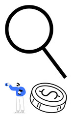 Magnifying glass, dollar coin, and a researcher holding a coin. Ideal for finance, research, investment, economics, savings market analysis and education themes. Line metaphor