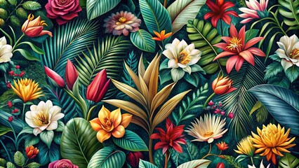 A Verdant Tapestry of Blossoms and Lush Foliage, Interwoven with Vibrant Hues and Intricate Details