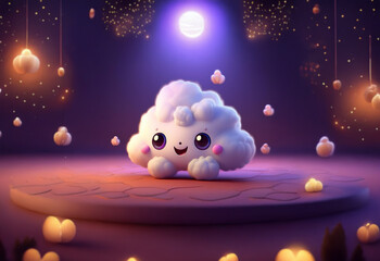 A smiling cartoon cloud sits on a stage with a large, glowing moon above it.