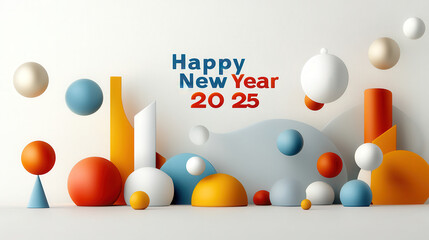 Happy New Year 2025 with colorful geometric shapes and festive design. Celebrate new year with vibrant colors and playful forms that evoke joy and excitement