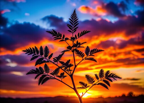 Silhouette of a Rowa Koniczyna Plant Against a Vibrant Sunset Sky, Highlighting the Unique Leaf Structure and Delicate Features for Nature Photography Enthusiasts