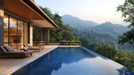 Fototapeta premium Modern house with infinity pool overlooking a lush mountain landscape.
