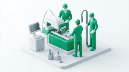 minimalist illustration of medical professionals in green uniforms working with medical machine in clean environment. scene conveys sense of precision and care