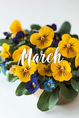 Fototapeta premium March Blooms A Vibrant Spring Flower Arrangement of Yellow and Blue Pansies in Full Bloom.