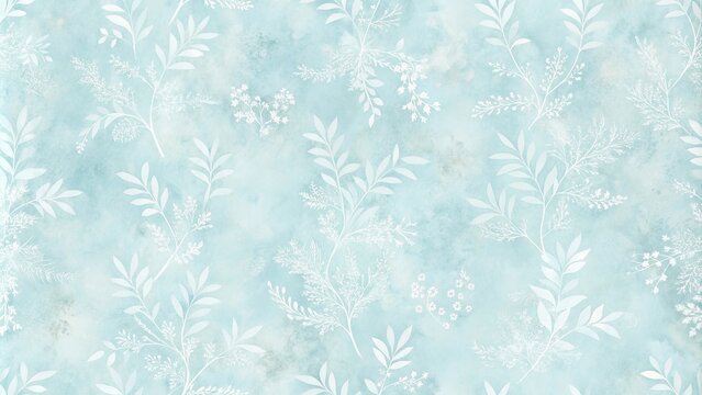 A delicate pattern of white botanical silhouettes on a blue watercolor background, with intricate branches, leaves, and blooms, creating a serene and ethereal ambiance.