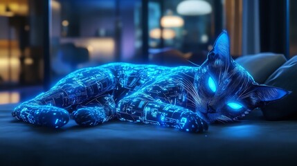 Sleek Cybernetic Cat with Glowing Circuitry Design