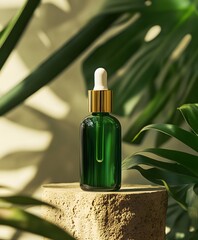 Green Glass Dropper Bottle with Gold Cap on Stone Platform Surrounded by Lush Greenery. Mockup cosmetic skincare, product presentation.