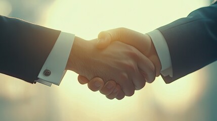 A close-up of a handshake between two professionals, set against a bright background. The image captures the essence of business success and teamwork.