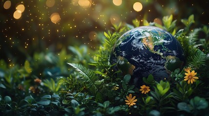 Symbolic photo of globe with elements of human activity and nature. Environment. save clean planet. ecology concept. Saving nature future generations. Earth Day banner with copy space 4k Resolution