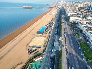 Aerial View of British Tourist Attraction of Beach and Ocean at Brighton and Hove Coastal City of...