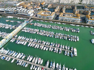 Aerial View of British Tourist Attraction of Beach and Ocean at Brighton and Hove Coastal City of...