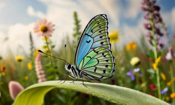 Beautiful green and blue butterfly perches delicately on a blade of grass against a blurred floral meadow background