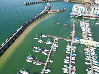 Aerial View of British Tourist Attraction of Beach and Ocean at Brighton and Hove Coastal City of...