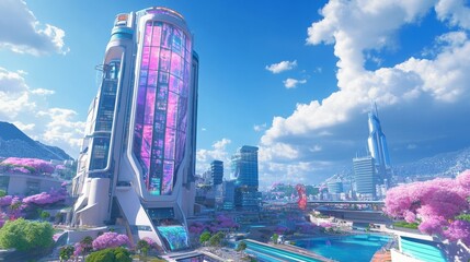 Obraz premium Futuristic Skyscraper with Holographic Windows