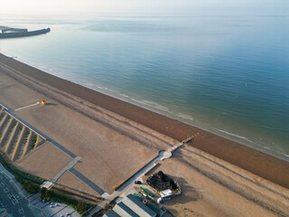 Aerial View of British Tourist Attraction of Beach and Ocean at Brighton and Hove Coastal City of...