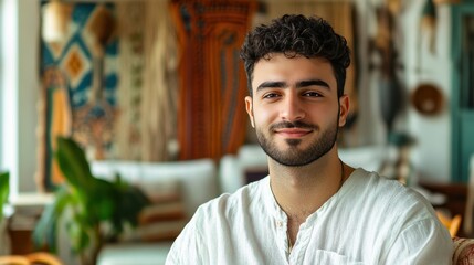 Fototapeta premium Portrait of a Young Man in a Cozy, Artistic Environment with Natural Light