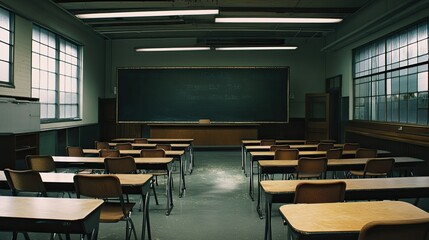 An empty classroom featuring neatly arranged desks and chairs, with a large blackboard at the front. The space evokes a sense of learning and potential.