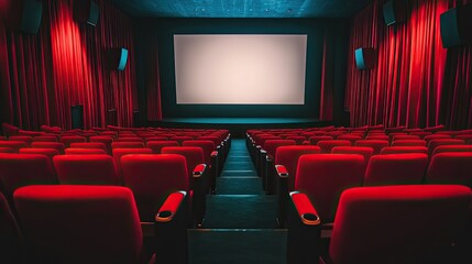 Fototapeta premium An empty cinema hall featuring vibrant red seats, showcasing a large blank screen ready for the next big show. The atmosphere is serene and inviting.