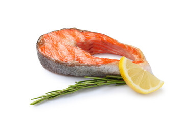 Tasty grilled salmon steak, lemon and rosemary isolated on white