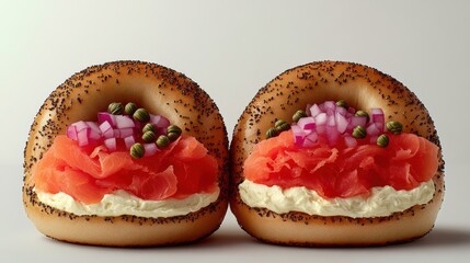 Delicious Bagels with Cream Cheese, Smoked Salmon, Red Onion, and Capers for Perfect Breakfast or Brunch, Featuring Savory Flavors and Textures