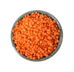 Raw lentils in bowl isolated on white, top view