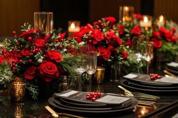Elegant Festive Table Setting with Red Roses and Candles