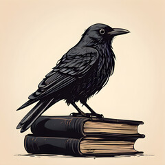 raven on a stack of books