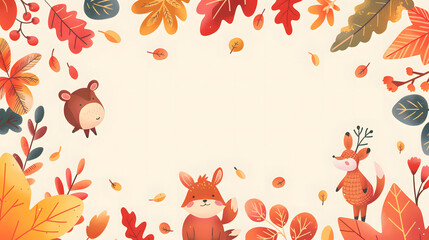 Illustration of cute woodland animals with autumn leaves forming a border on a beige background. Concept of autumn and nature