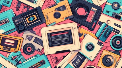 Fun and quirky illustrations of retro tapes, radios, CDs, and Walkmans, designed as whimsical doodles with bright colors and creative patterns.