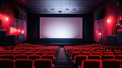Interior shot of a vacant cinema hall, with rows of red seats and a prominent blank screen. Capturing the essence of cinematic space and potential.