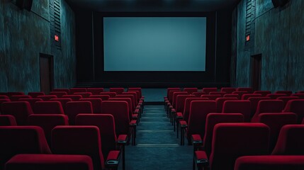 Obraz premium Interior shot of a vacant cinema hall, with rows of red seats and a prominent blank screen. Capturing the essence of cinematic space and potential.