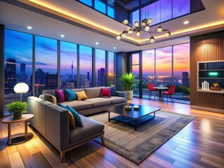 Smart Home Automation: A Futuristic Living Space Showcasing AI-Controlled Devices and Sleek Modern Interior Design for Urban Explorers and Tech Enthusiasts