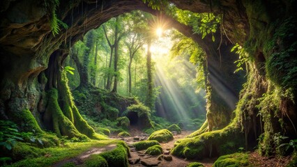 Sunlight streams through a mossy cave opening, illuminating a path leading into a verdant forest