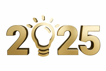 yellow light bulb and  year numbers 2025 on blue background, implementation of business goals plan, symbolizing new ideas for startups. 3d render	
