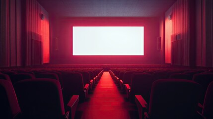 Wide-angle view of an empty movie theater, highlighted by red seating and an expansive blank screen, evoking a sense of waiting for the film to begin.
