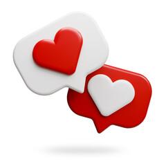 white and red speech bubbles with heart for romantic communication or Valentine Day gift concept. Romantic message or social media chat. Couple love conversation, 3D render