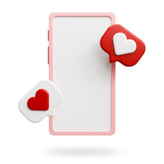 Smartphone mock up with chat box and hearts isolated on white background. Empty screen display for your image or text. Valentine's Day background. 3d rendering