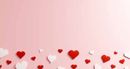 red and white heart on pink background, Happy Valentine's Day , banner, Concept of sending love and surprise. 3d render