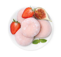 Delicious mochi, strawberries, fig and mint isolated on white, top view